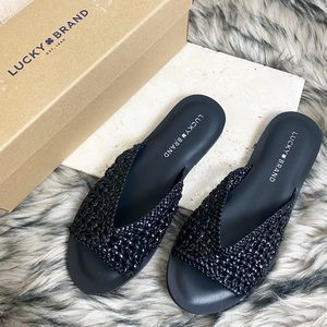 Lucky Brand Black Mesh Knitted Slip On Slide Sandals Adolela Woven Boho Chic